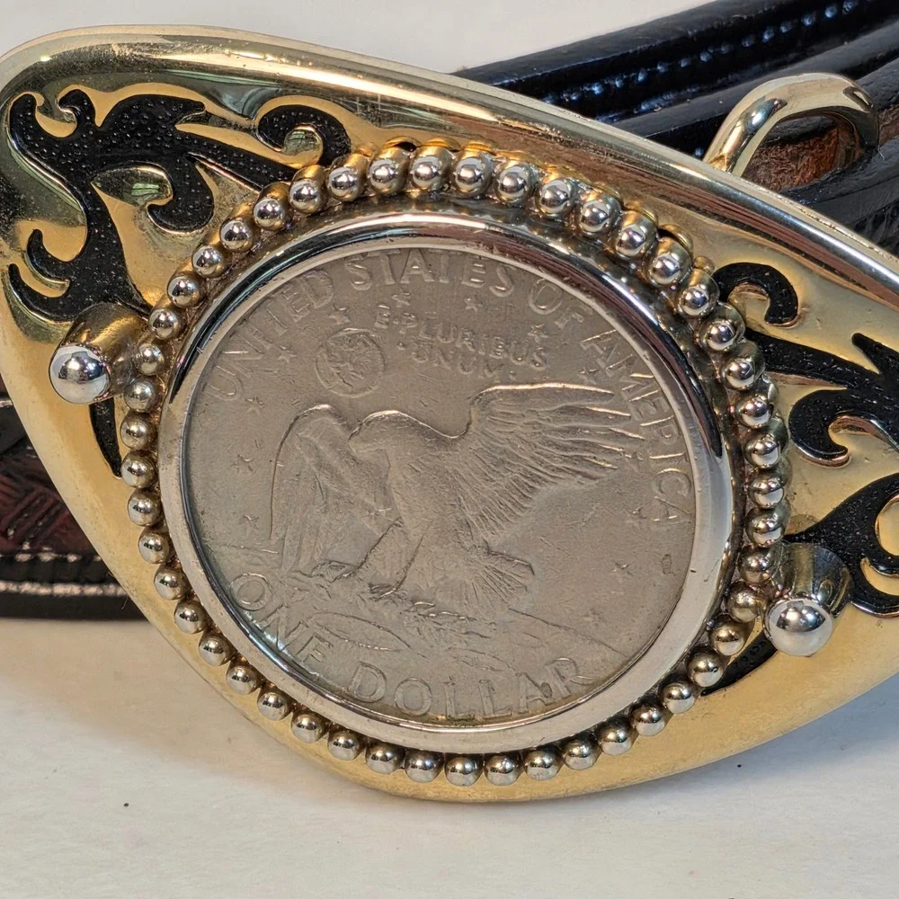 VTG Lyntone Western Belt Top Grain Saddle Leather Eisenhower Dollar Buckle 38